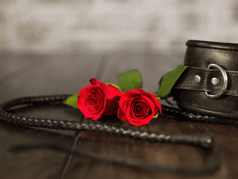 Rosas vermelhas ao lado de uma coleira de couro e um chicote, em um cenário que simboliza BDSM com responsabilidade.