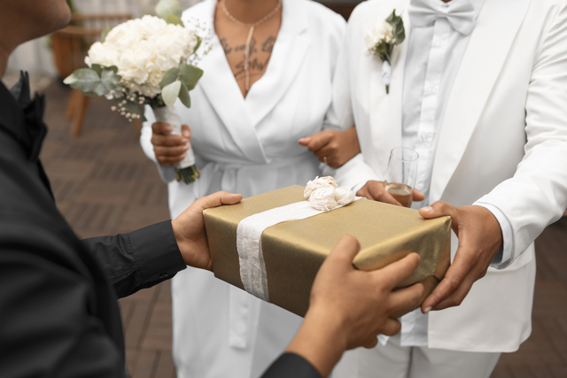 Casal de noivos recebendo um presente